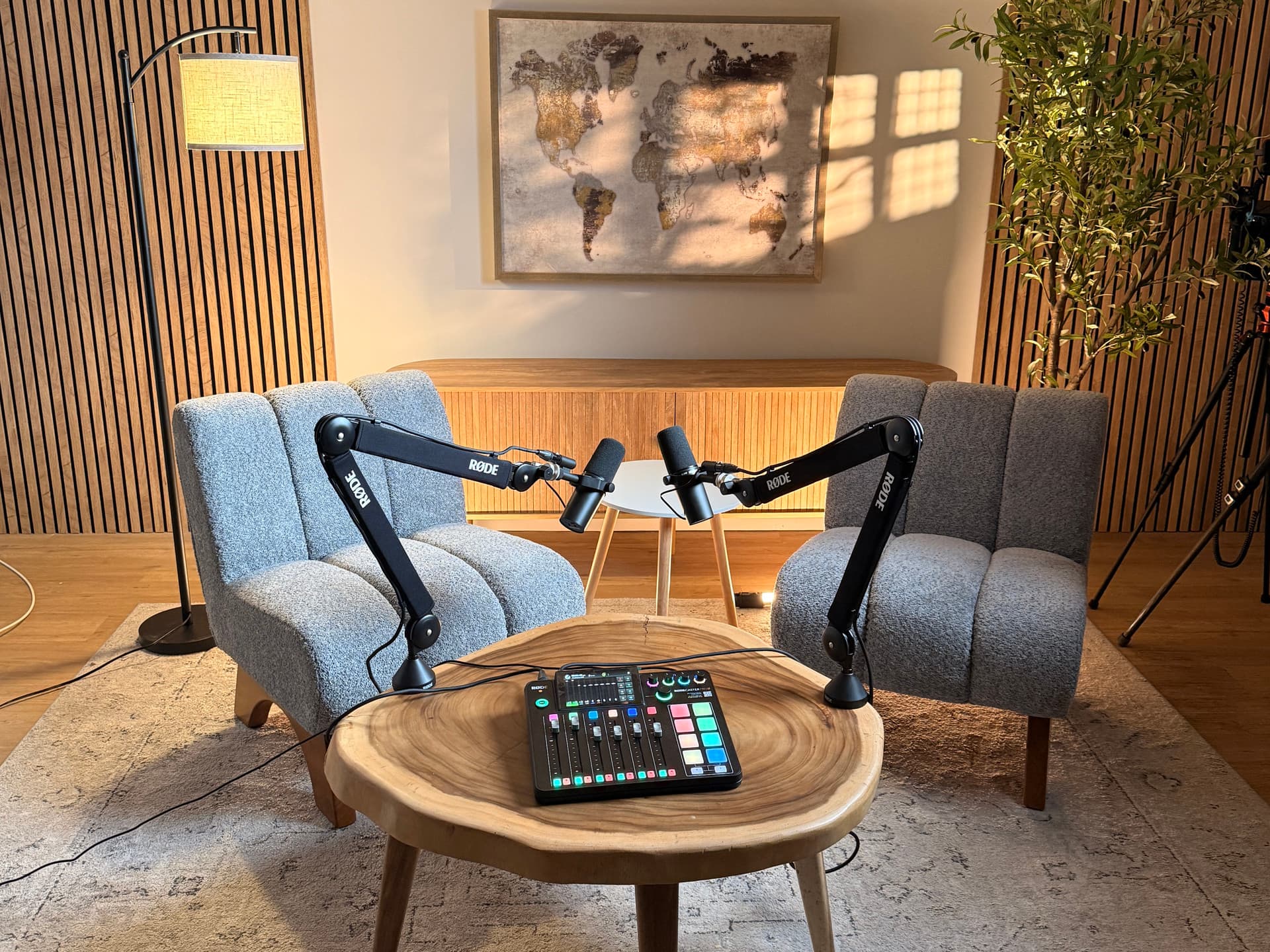 White & Cozy podcast setup at Film Me Studio in Midtown Manhattan